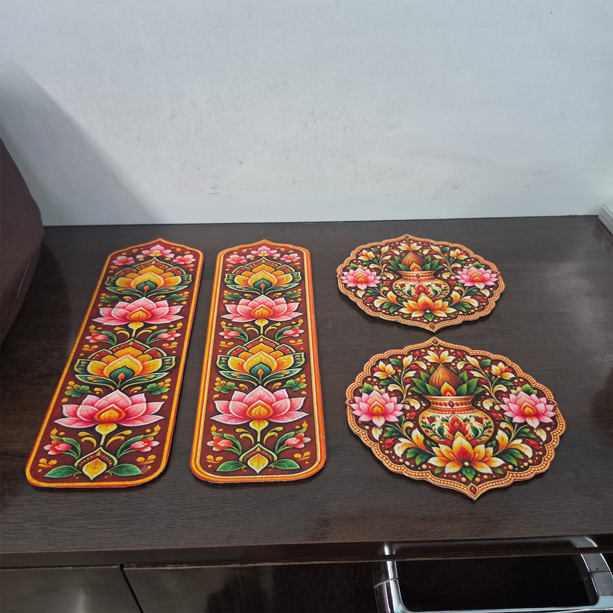 Avioni Home Aangan Royale Collection | Premium Royal Lotus Mandala Floor Mat with 4 Matching Kalash & Floral Peel & Stick Décor Stickers | High Wear Resistance & Silicone Anti-Slip Backing