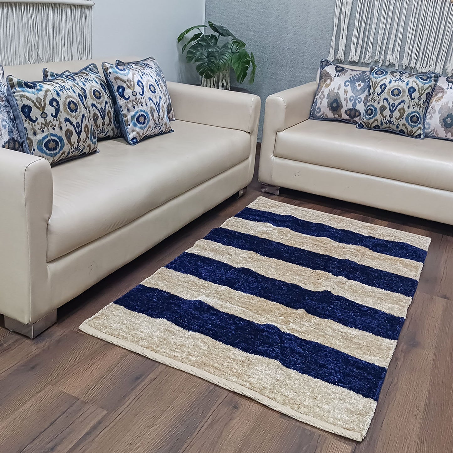 Avioni Handloom Rugs | Master Artisans Work | Feather like Luxurious Silk Soft Touch | Home Washable | Blue and White Broad stripes | Reversible