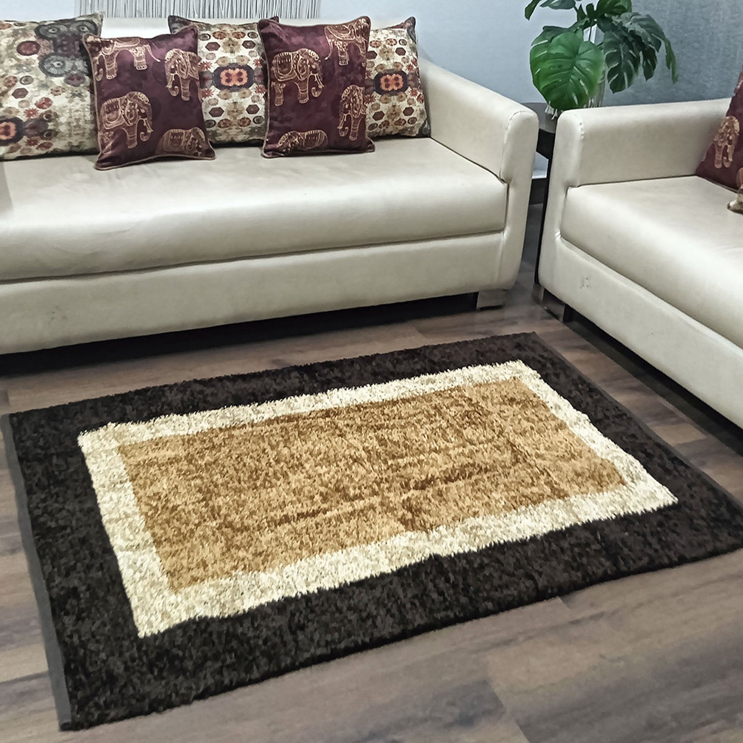Avioni Handloom Rug | Feathers like Soft Touch | Home Washable | Borders in Coffee And Beige | Reversible - 3 feet x 5 feet (~90 cm x 150 cm)