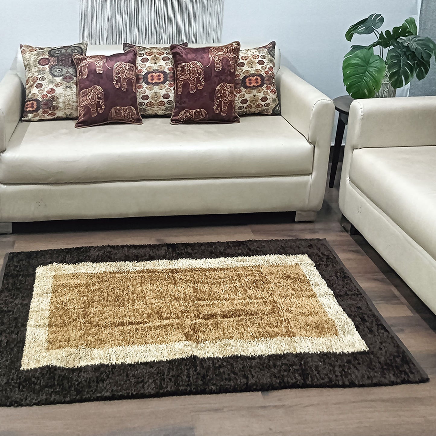Avioni Handloom Rug | Feathers like Soft Touch | Home Washable | Borders in Coffee And Beige | Reversible - 3 feet x 5 feet (~90 cm x 150 cm)