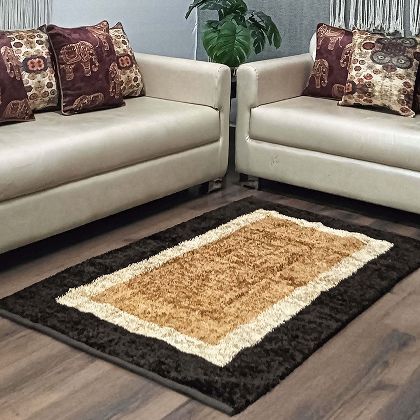 Avioni Handloom Rug | Feathers like Soft Touch | Home Washable | Borders in Coffee And Beige | Reversible - 3 feet x 5 feet (~90 cm x 150 cm)