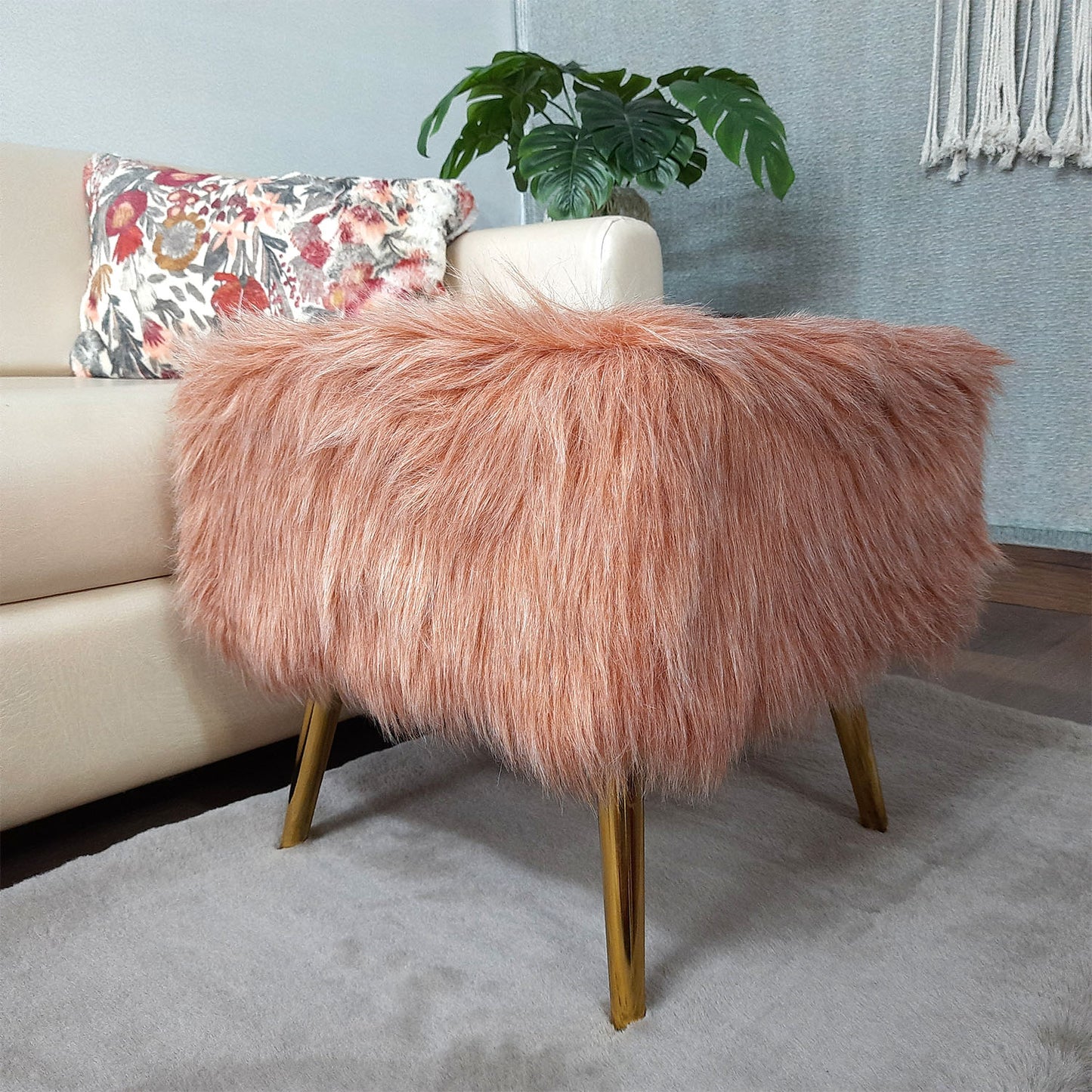 Noviato Collection – Light Redwood Premium Double Shade Faux Fur Footstool Gold Metal Legs Modern On-Trend Style Square Multi-Functional Ottoman Stool Seat, 40 cm Tall | from Avioni