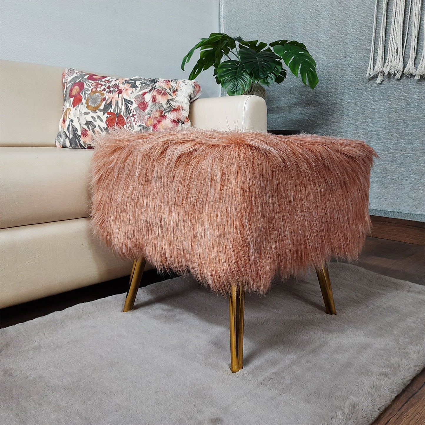 Noviato Collection – Light Redwood Premium Double Shade Faux Fur Footstool Gold Metal Legs Modern On-Trend Style Square Multi-Functional Ottoman Stool Seat, 40 cm Tall | from Avioni