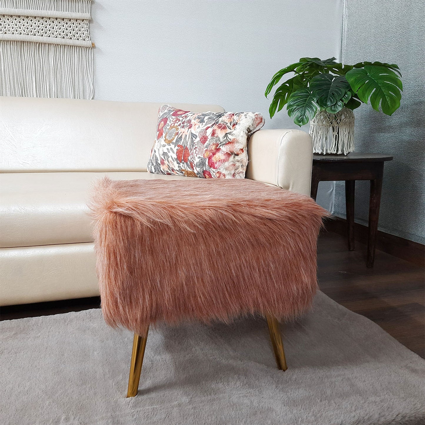 Noviato Collection – Light Redwood Premium Double Shade Faux Fur Footstool Gold Metal Legs Modern On-Trend Style Square Multi-Functional Ottoman Stool Seat, 40 cm Tall | from Avioni