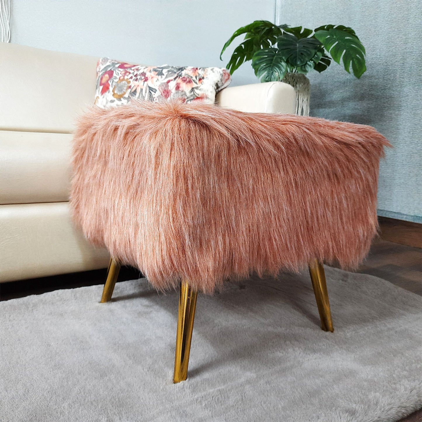 Noviato Collection – Light Redwood Premium Double Shade Faux Fur Footstool Gold Metal Legs Modern On-Trend Style Square Multi-Functional Ottoman Stool Seat, 40 cm Tall | from Avioni