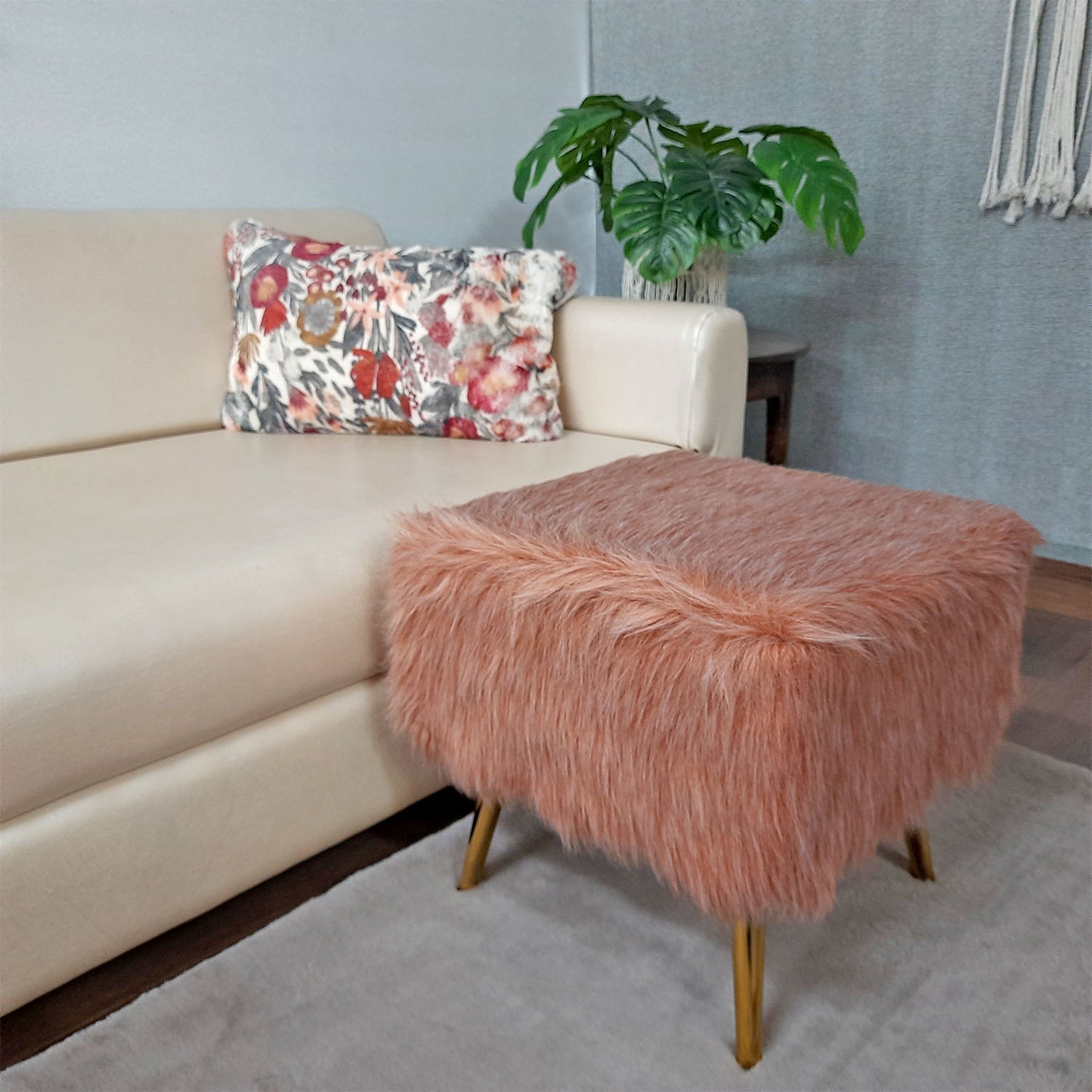 Noviato Collection – Light Redwood Premium Double Shade Faux Fur Footstool Gold Metal Legs Modern On-Trend Style Square Multi-Functional Ottoman Stool Seat, 40 cm Tall | from Avioni