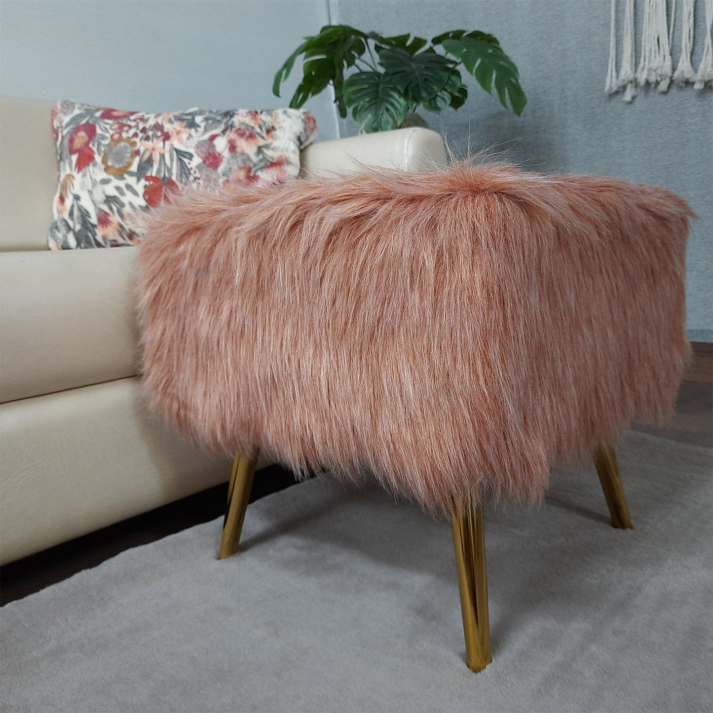 Noviato Collection – Light Redwood Premium Double Shade Faux Fur Footstool Gold Metal Legs Modern On-Trend Style Square Multi-Functional Ottoman Stool Seat, 40 cm Tall | from Avioni