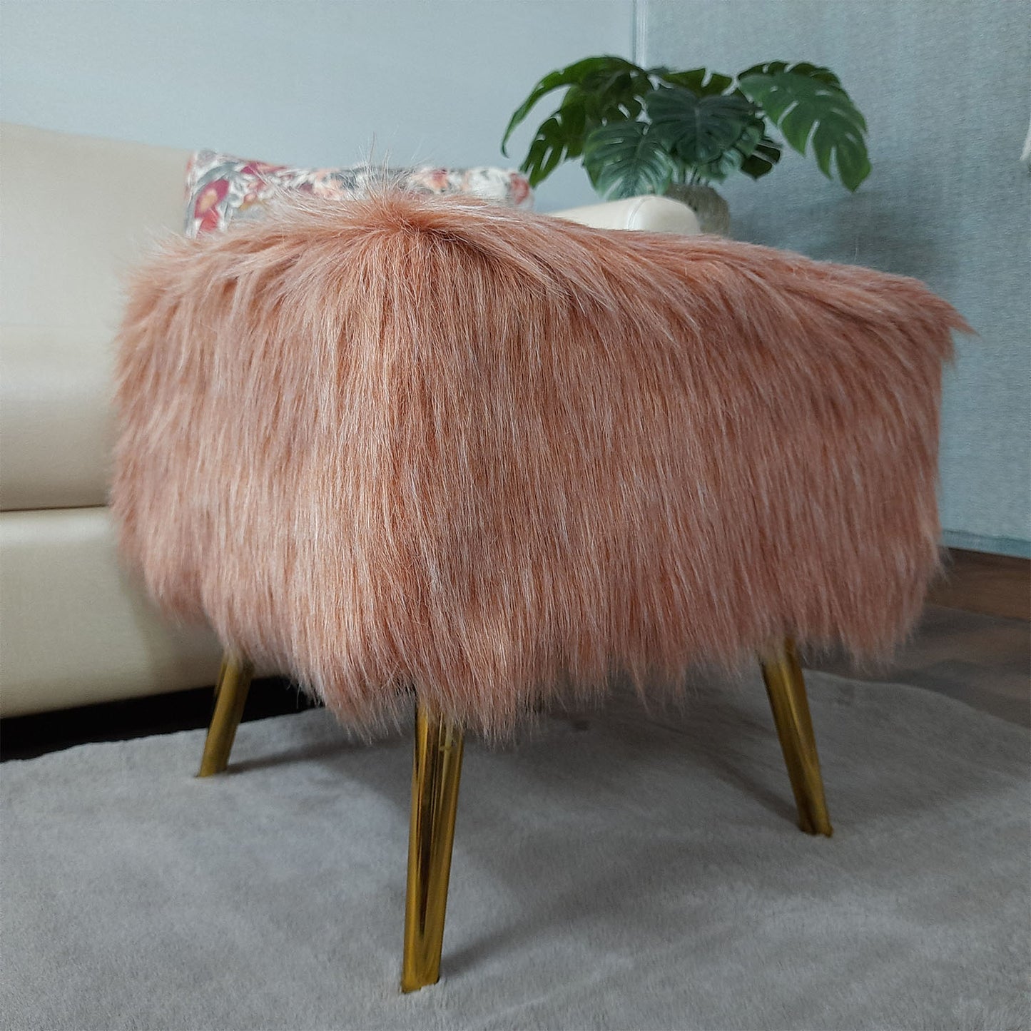Noviato Collection – Light Redwood Premium Double Shade Faux Fur Footstool Gold Metal Legs Modern On-Trend Style Square Multi-Functional Ottoman Stool Seat, 40 cm Tall | from Avioni
