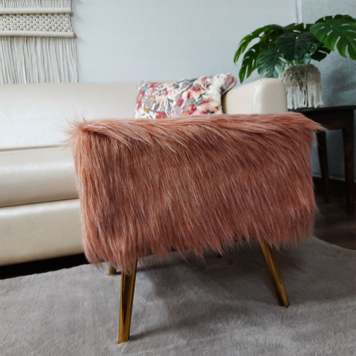 Noviato Collection – Light Redwood Premium Double Shade Faux Fur Footstool Gold Metal Legs Modern On-Trend Style Square Multi-Functional Ottoman Stool Seat, 40 cm Tall | from Avioni