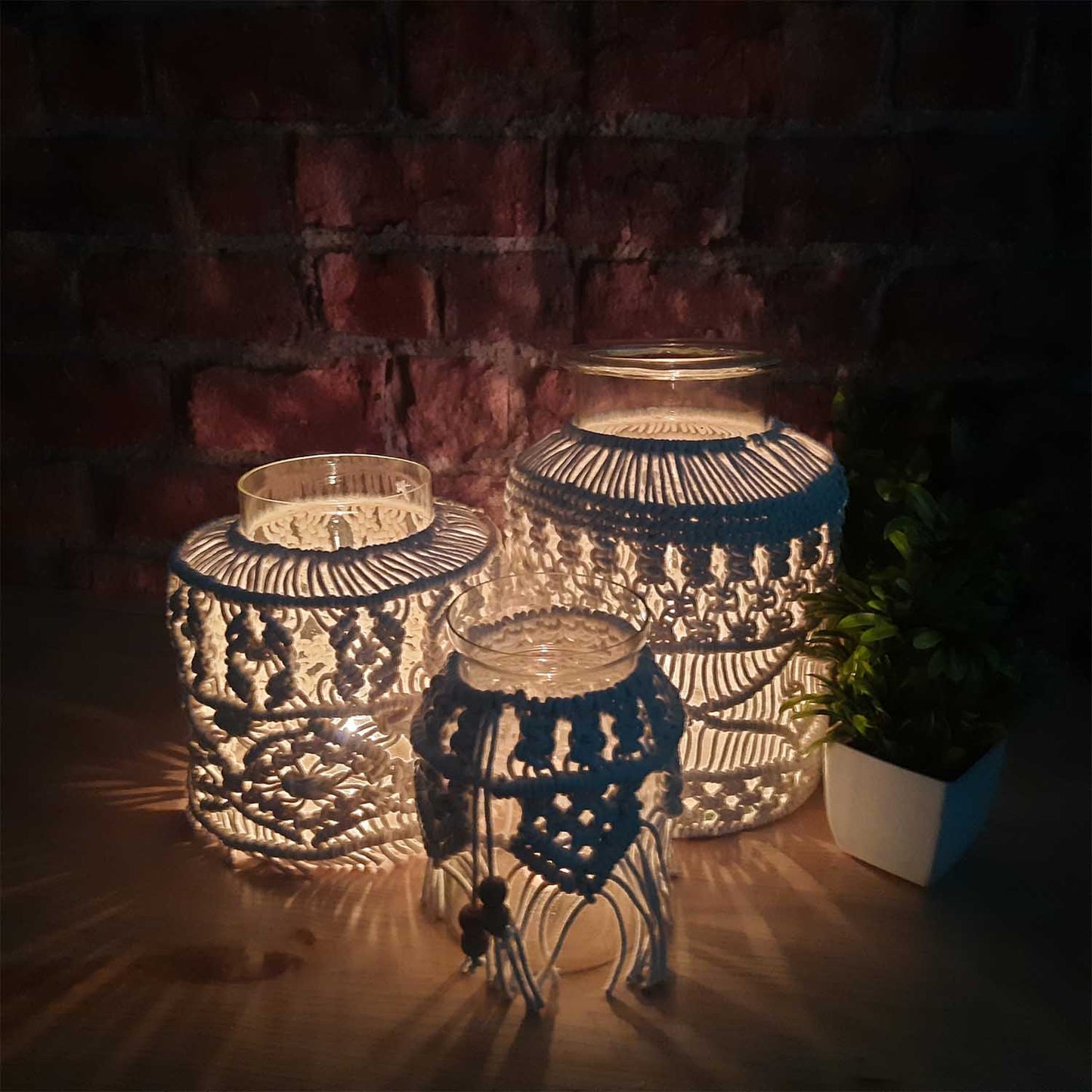 Avioni Home Hand Moulded Glass Jars With Beautifully Crafted Macrame Cover Candle Lantern-7.5 X4.5 Inches (19*11.5 cms)