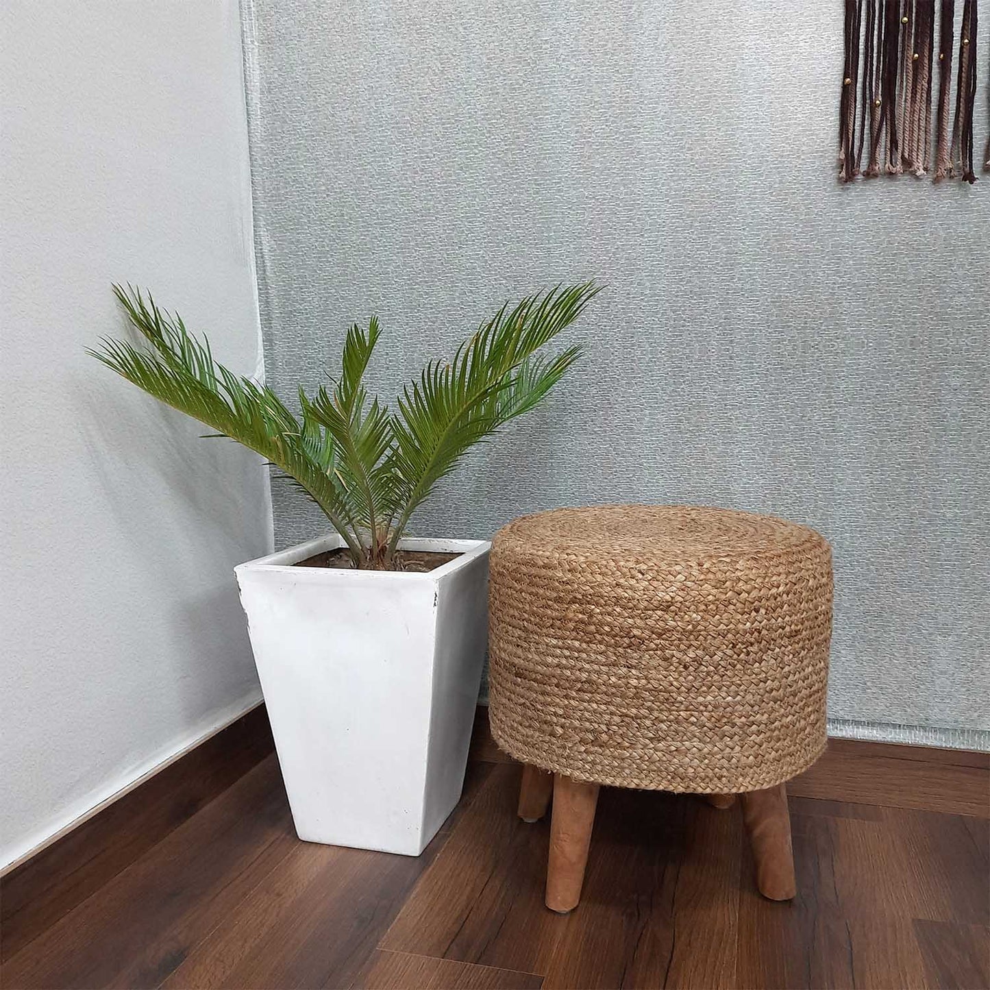 BIGMO Luxury Natural Jute Home Utility Padded Stool/ Ottoman (4 Legs-Added Stability-Natural Finish)