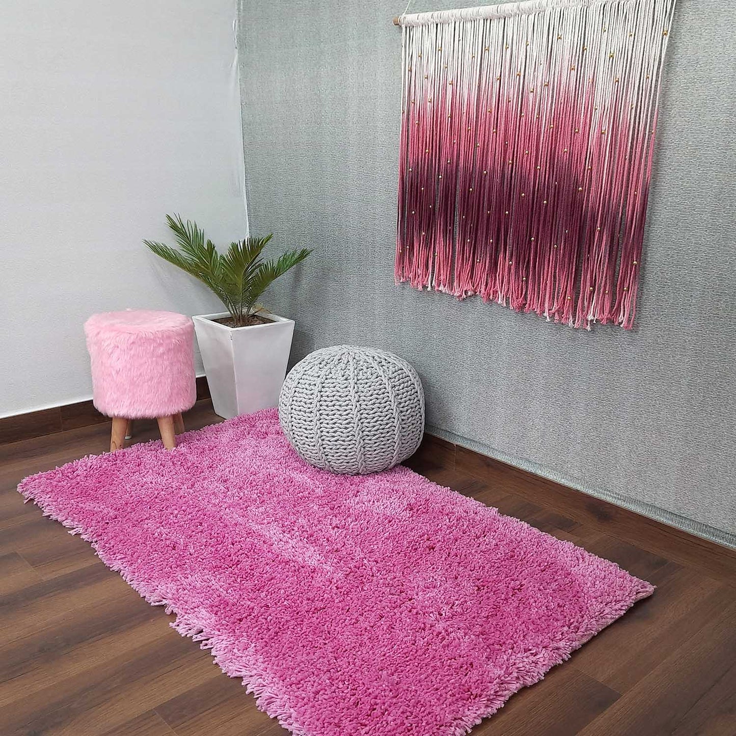 BIGMO Luxury Long Pink Fur Stool/ Ottoman (4 Legs for added stability-Natural Finish )