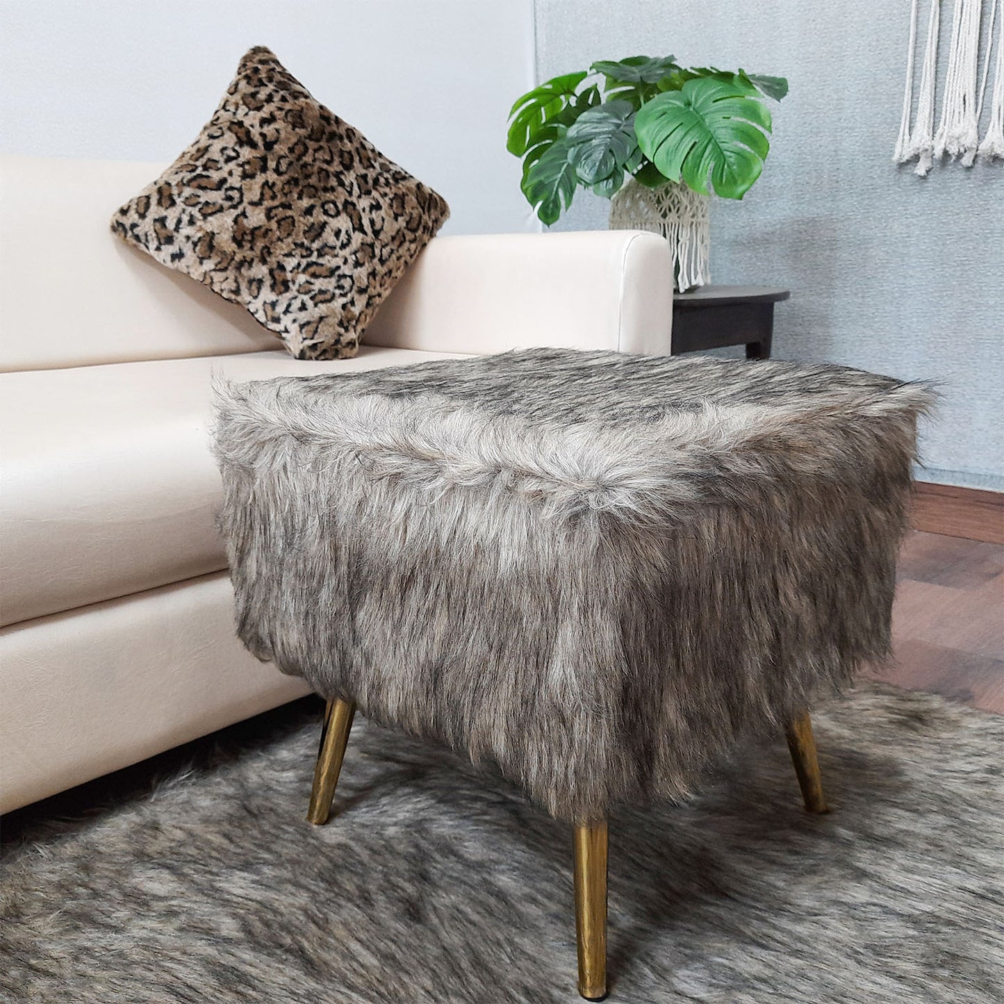 Noviato Collection – Shades of Grey/Brown Premium Long Faux Fur Footstool Gold Metal Legs Modern On-Trend Style Square Multi-Functional Ottoman Stool Seat, 40 cm Tall | from Avioni