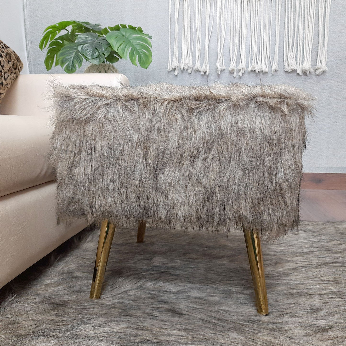 Noviato Collection – Shades of Grey/Brown Premium Long Faux Fur Footstool Gold Metal Legs Modern On-Trend Style Square Multi-Functional Ottoman Stool Seat, 40 cm Tall | from Avioni