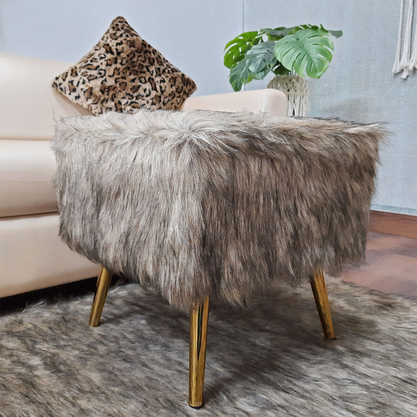 Noviato Collection – Shades of Grey/Brown Premium Long Faux Fur Footstool Gold Metal Legs Modern On-Trend Style Square Multi-Functional Ottoman Stool Seat, 40 cm Tall | from Avioni
