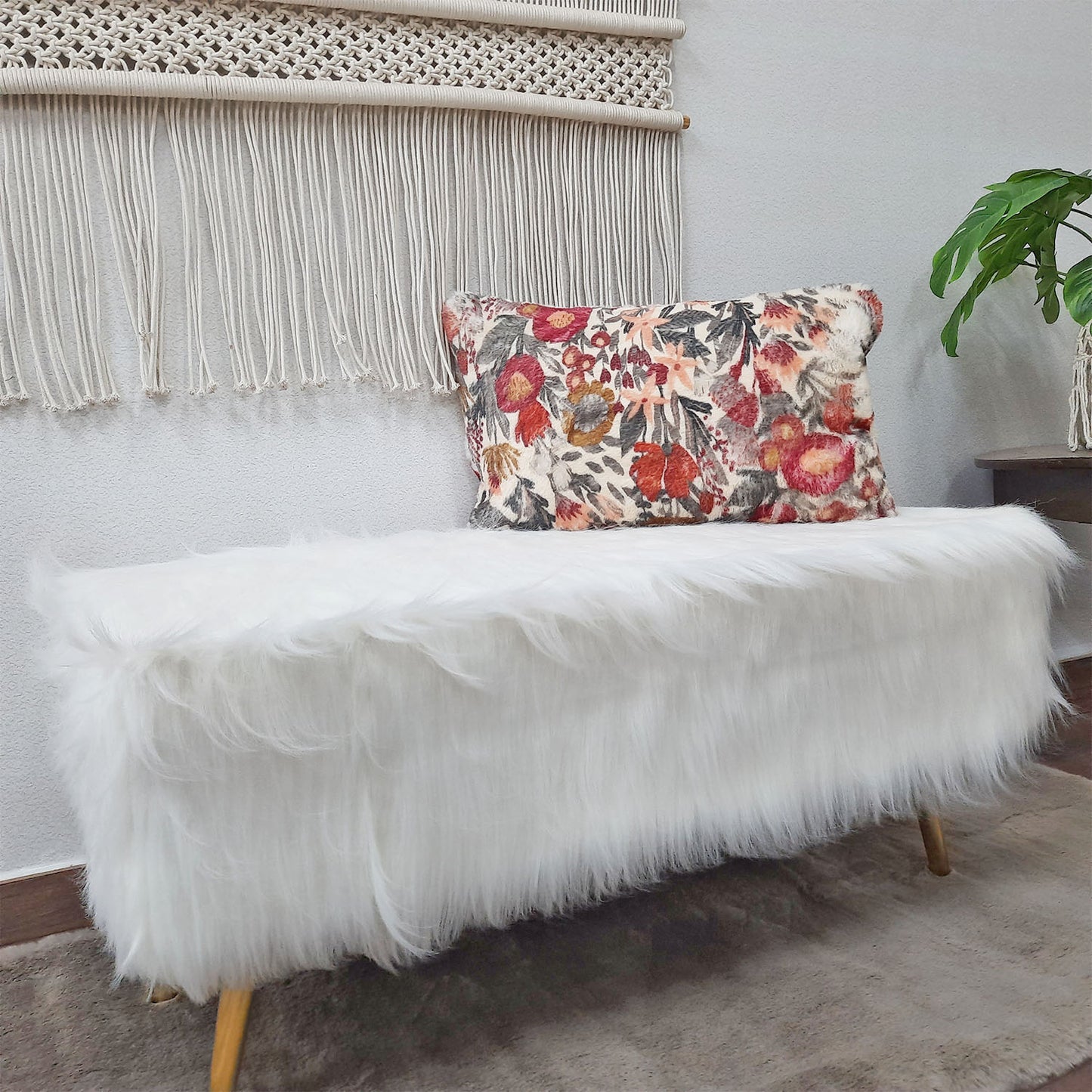 Noviato Collection – White Premium Long Faux Fur Bench Gold Metal Legs Modern On-Trend Style Multi-Functional Ottoman Bench Seat, 90 cm length | from Avioni