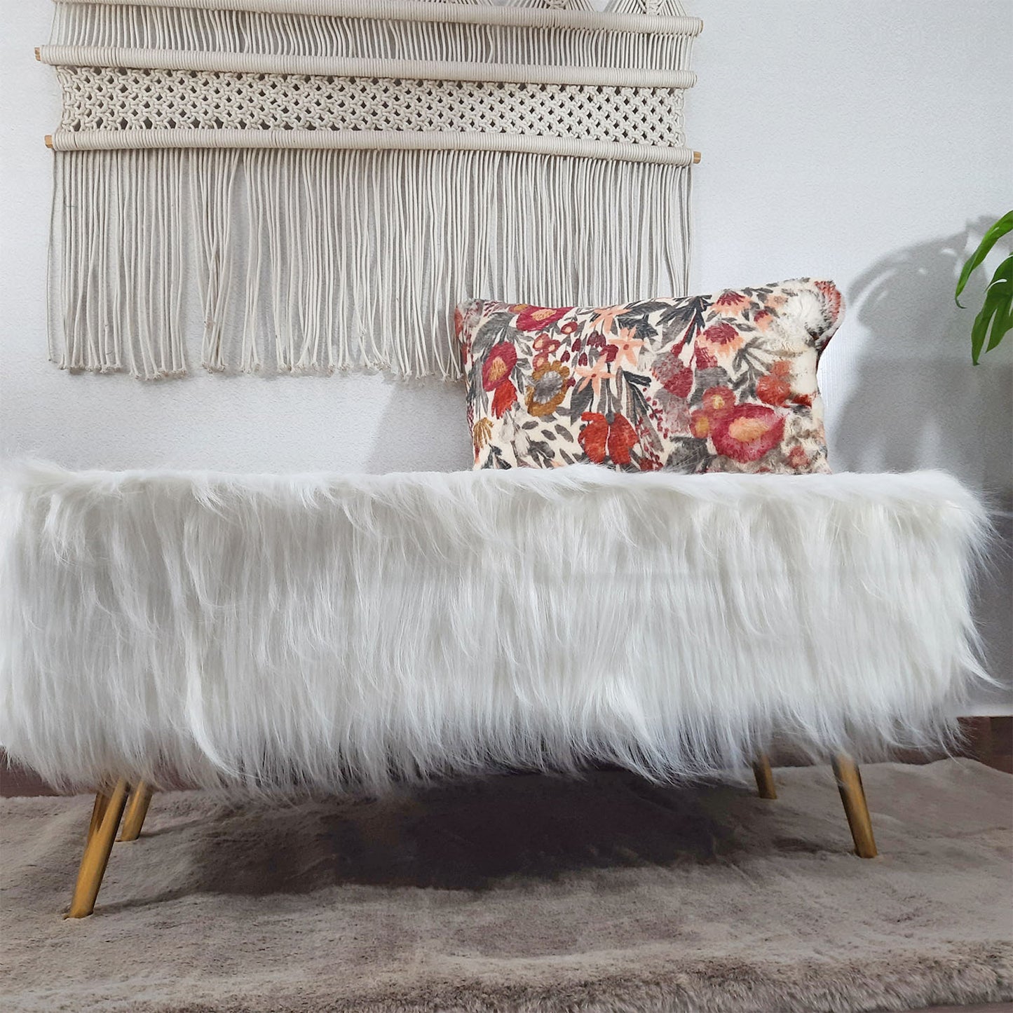 Noviato Collection – White Premium Long Faux Fur Bench Gold Metal Legs Modern On-Trend Style Multi-Functional Ottoman Bench Seat, 90 cm length | from Avioni