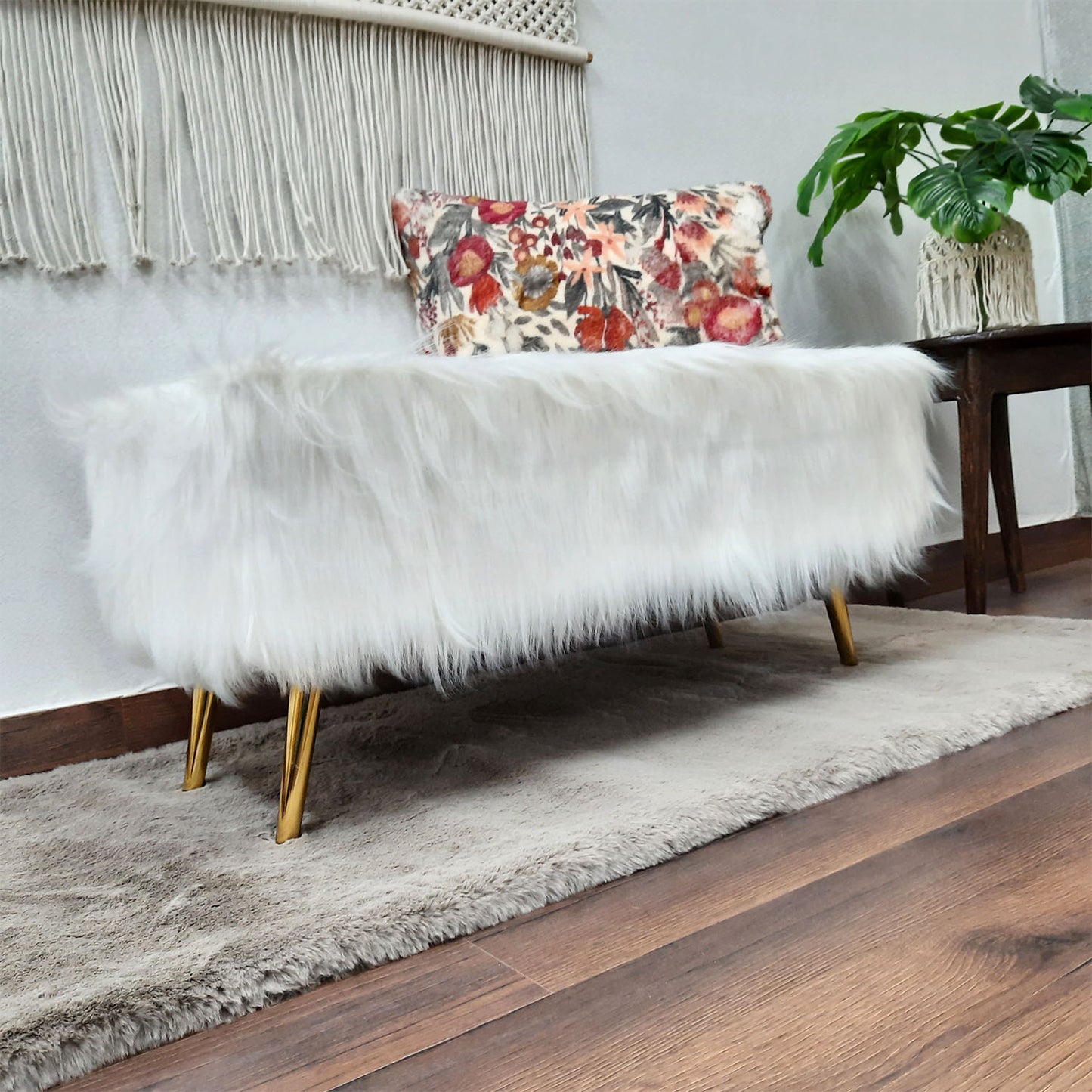 Noviato Collection – White Premium Long Faux Fur Bench Gold Metal Legs Modern On-Trend Style Multi-Functional Ottoman Bench Seat, 90 cm length | from Avioni