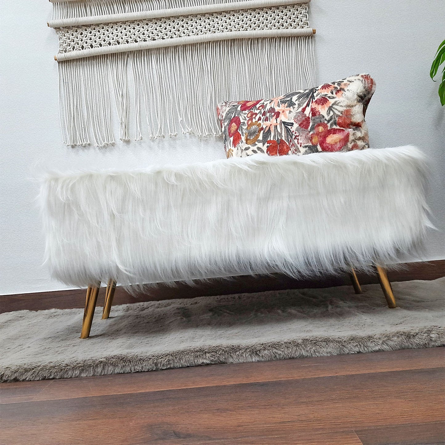 Noviato Collection – White Premium Long Faux Fur Bench Gold Metal Legs Modern On-Trend Style Multi-Functional Ottoman Bench Seat, 90 cm length | from Avioni