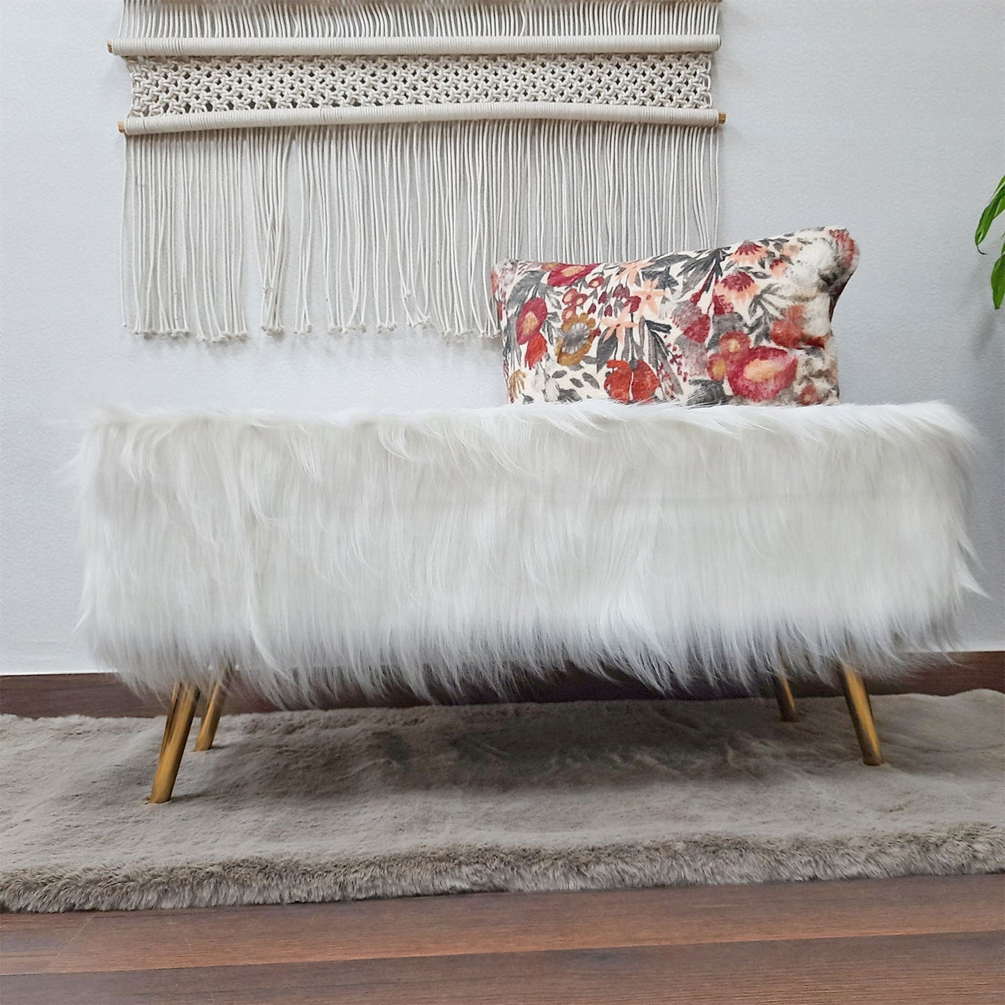 Noviato Collection – White Premium Long Faux Fur Bench Gold Metal Legs Modern On-Trend Style Multi-Functional Ottoman Bench Seat, 90 cm length | from Avioni
