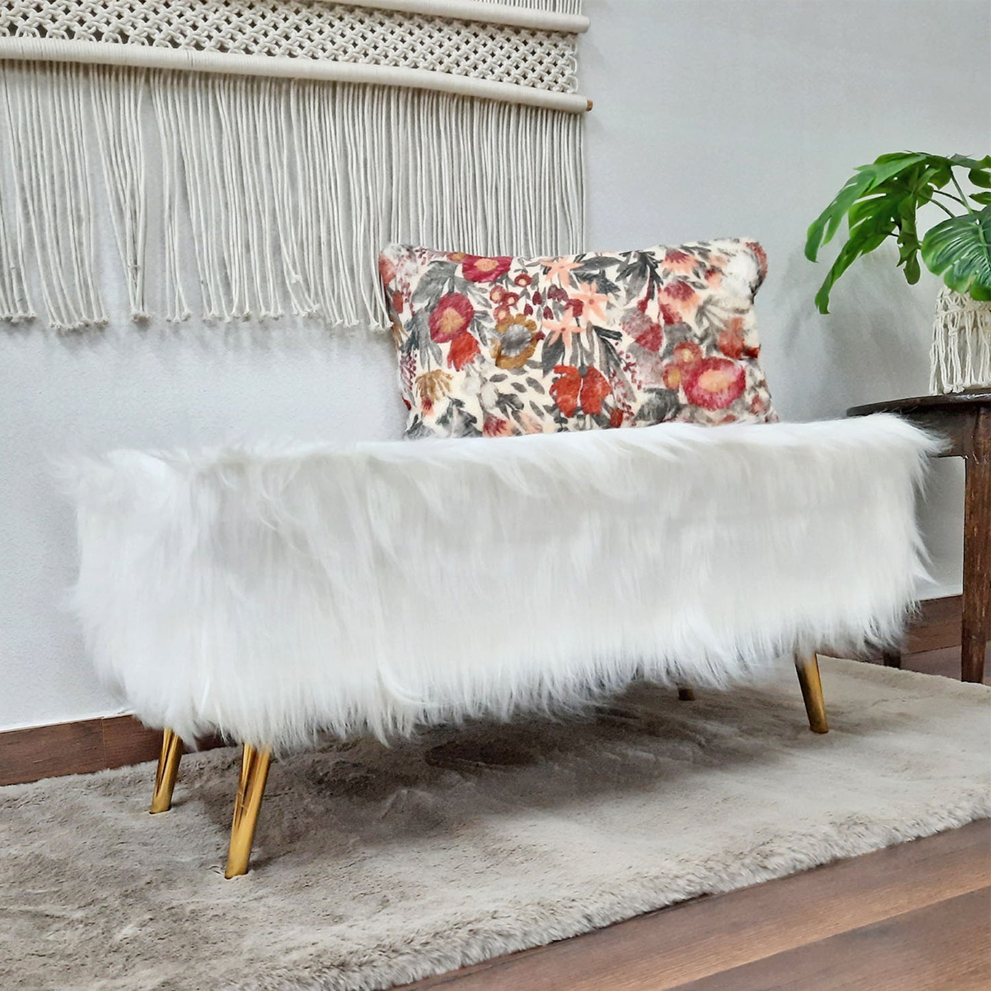 Noviato Collection – White Premium Long Faux Fur Bench Gold Metal Legs Modern On-Trend Style Multi-Functional Ottoman Bench Seat, 90 cm length | from Avioni
