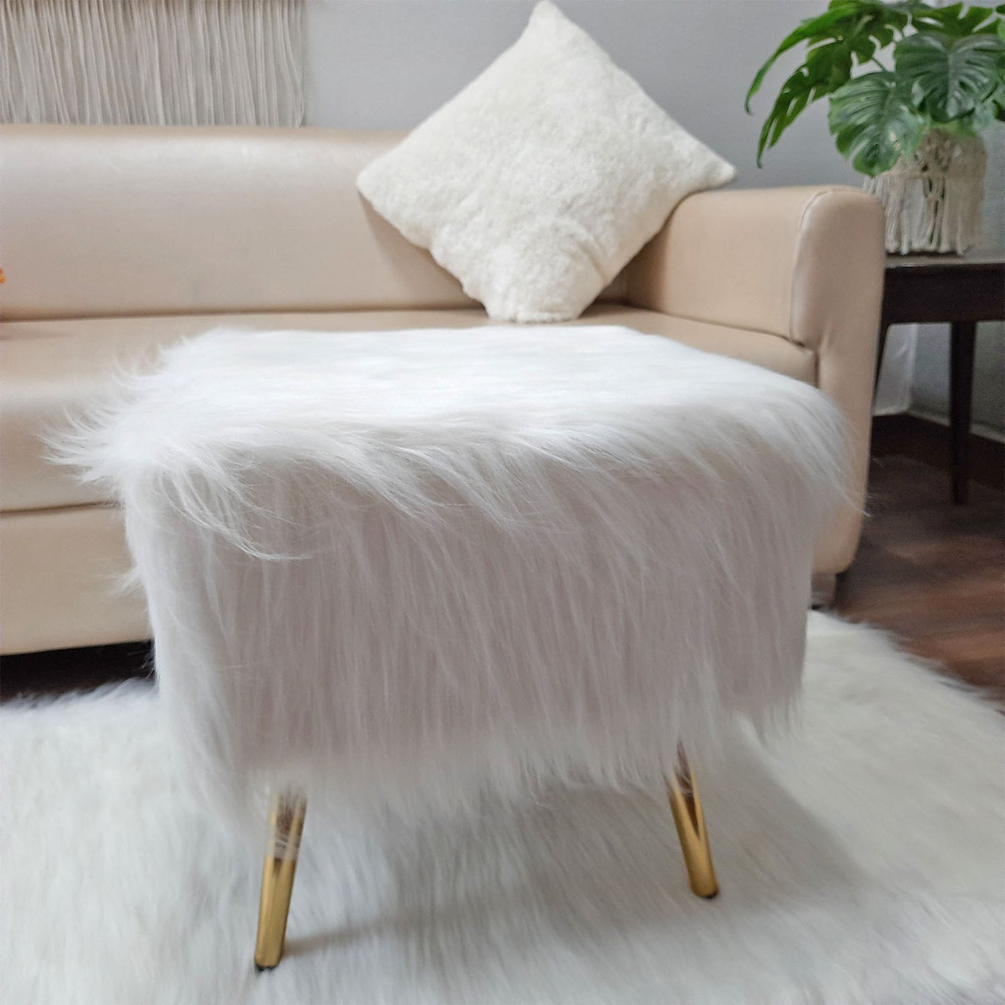 Noviato Collection – White Premium Long Faux Fur Footstool Gold Metal Legs Modern On-Trend Style Square Multi-Functional Ottoman Stool Seat, 40 cm Tall | from Avioni