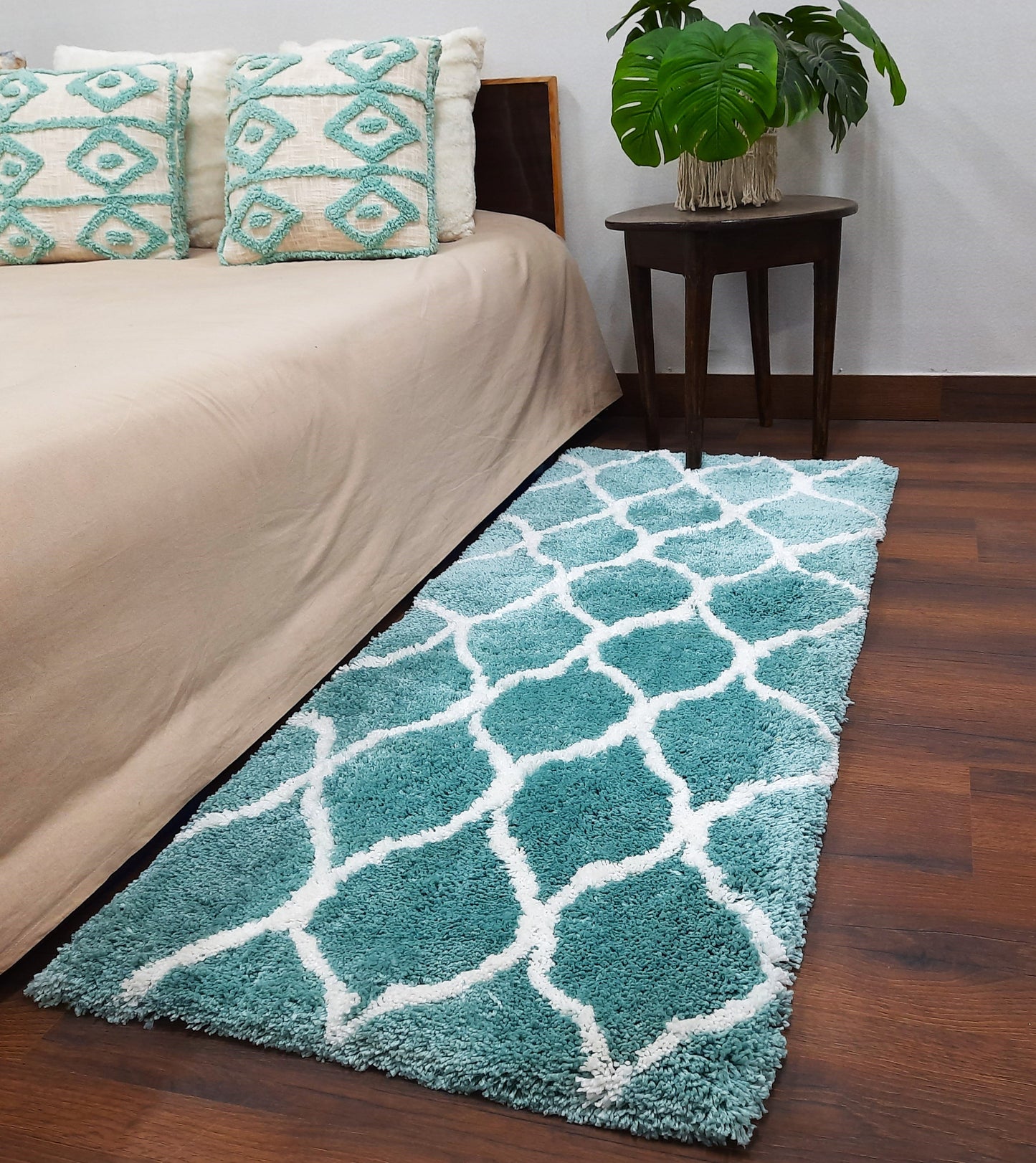 Handloom Shaggy Aqua Blue Carpet With White Morocccan Design /Bedside Runners by Avioni Home