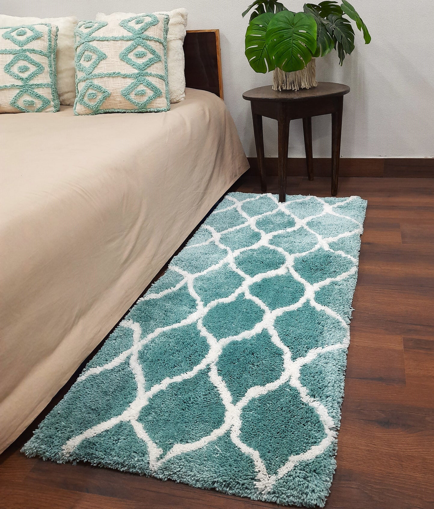 Handloom Shaggy Aqua Blue Carpet With White Morocccan Design /Bedside Runners by Avioni Home