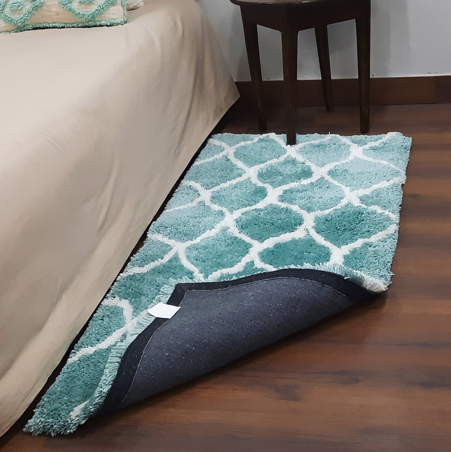 Handloom Shaggy Aqua Blue Carpet With White Morocccan Design /Bedside Runners by Avioni Home