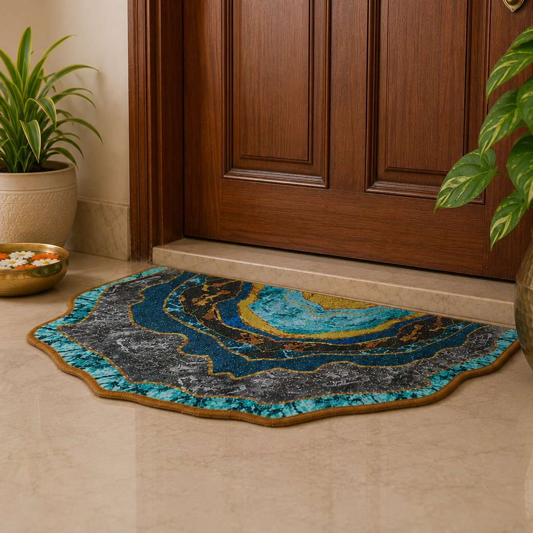 Decorative doormat with peacock abstract design in front of a wooden door, flanked by potted plants.