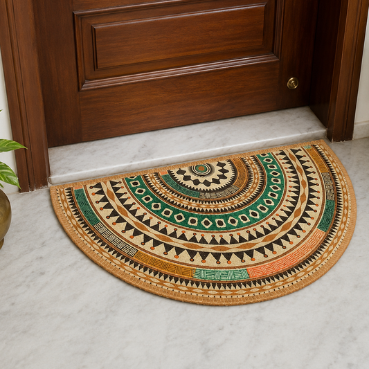 Decorative half-circle floor mat with geometric pattern in front of a wooden door.