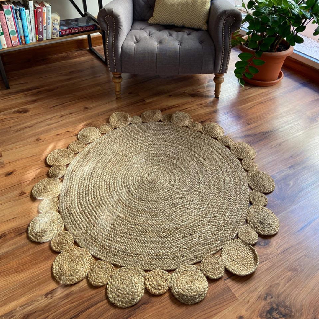 Avioni Home Eco Collection – Handwoven Braided Jute Round Carpet with Small Circle Borders