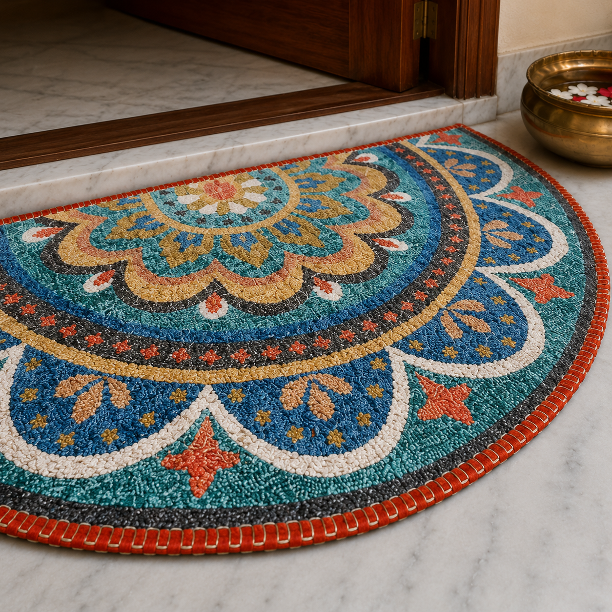 Avioni Home Floor Mats in Beautiful Rangoli Design | Half Circle Rugs | Anti Slip, Durable & Washable | Outdoor & Indoor