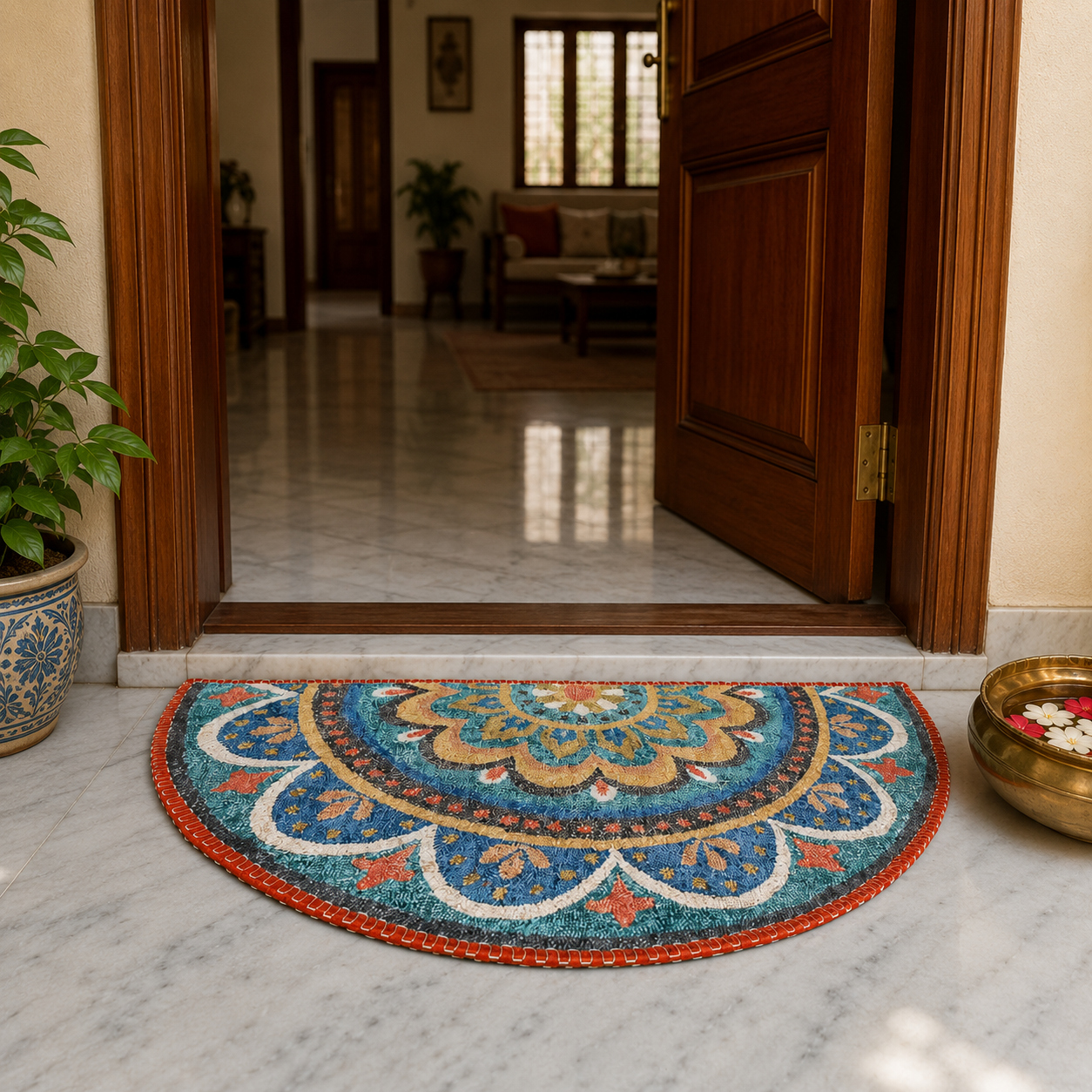 Avioni Home Floor Mats in Beautiful Rangoli Design | Half Circle Rugs | Anti Slip, Durable & Washable | Outdoor & Indoor