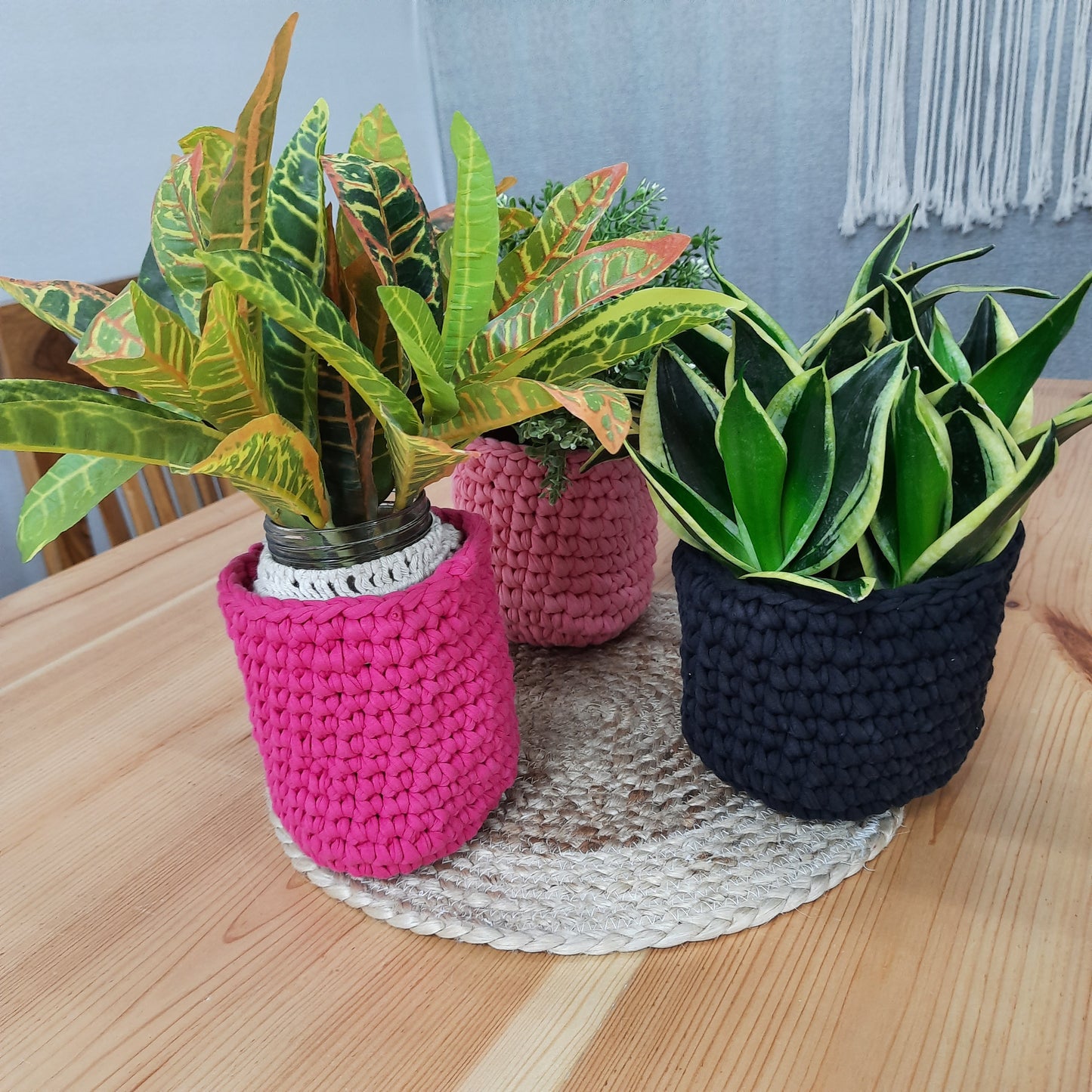 Avioni Home Cotton Hand Crocheted Baskets | Set of 3 Pieces | Deep Rose,Smoky Black & Bashful Pink| Decorative Storage Basket (small) | Knitted Basket | Size: 13 x13cms (~5X5 inch)