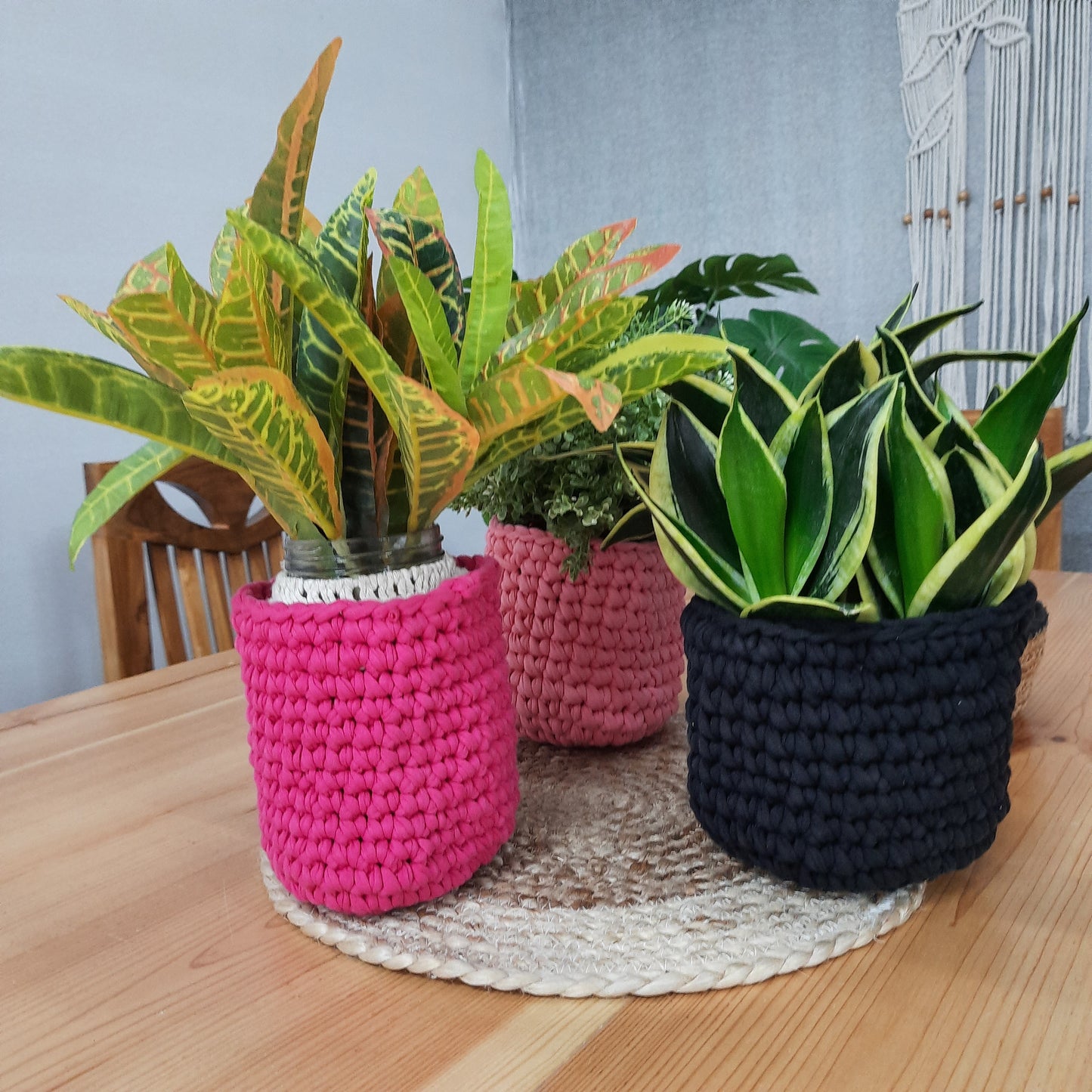 Avioni Home Cotton Hand Crocheted Baskets | Set of 3 Pieces | Deep Rose,Smoky Black & Bashful Pink| Decorative Storage Basket (small) | Knitted Basket | Size: 13 x13cms (~5X5 inch)