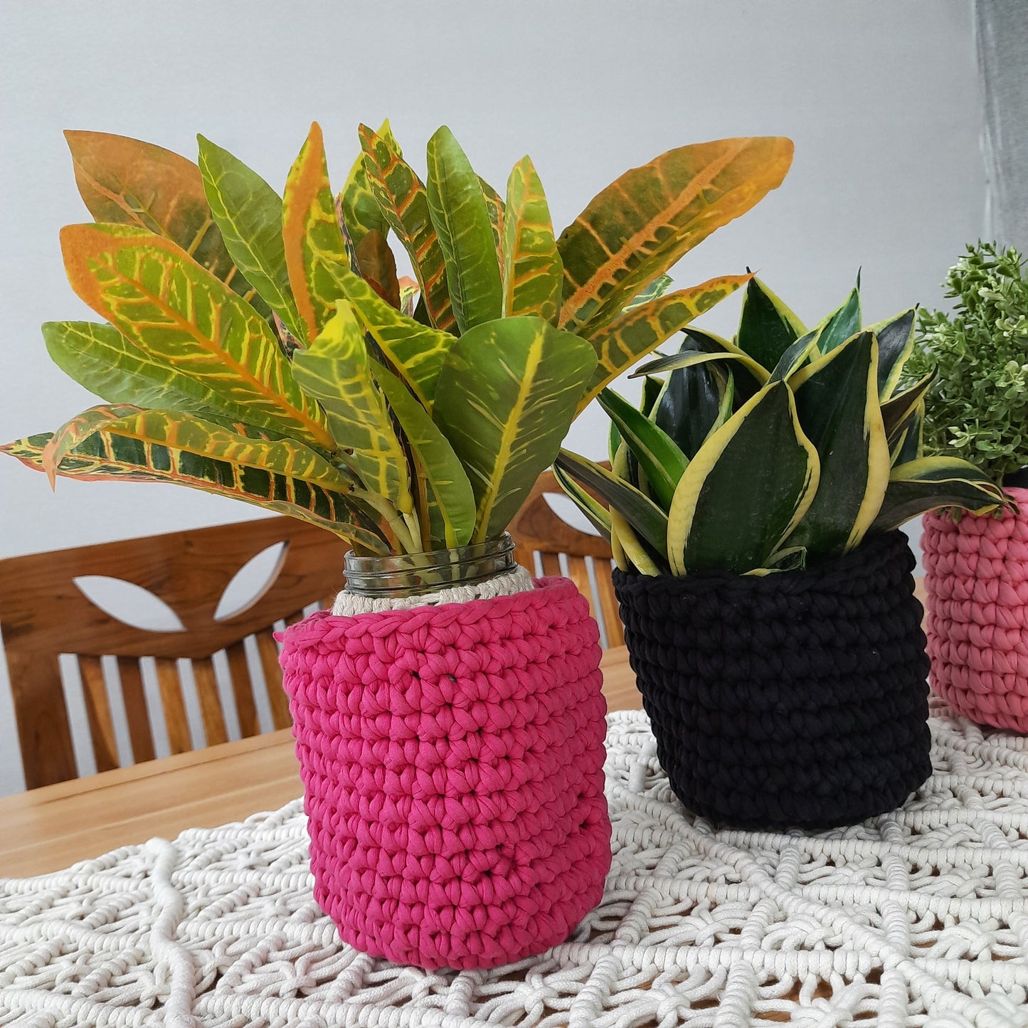 Avioni Home Cotton Hand Crocheted Baskets | Set of 3 Pieces | Deep Rose,Smoky Black & Bashful Pink| Decorative Storage Basket (small) | Knitted Basket | Size: 13 x13cms (~5X5 inch)