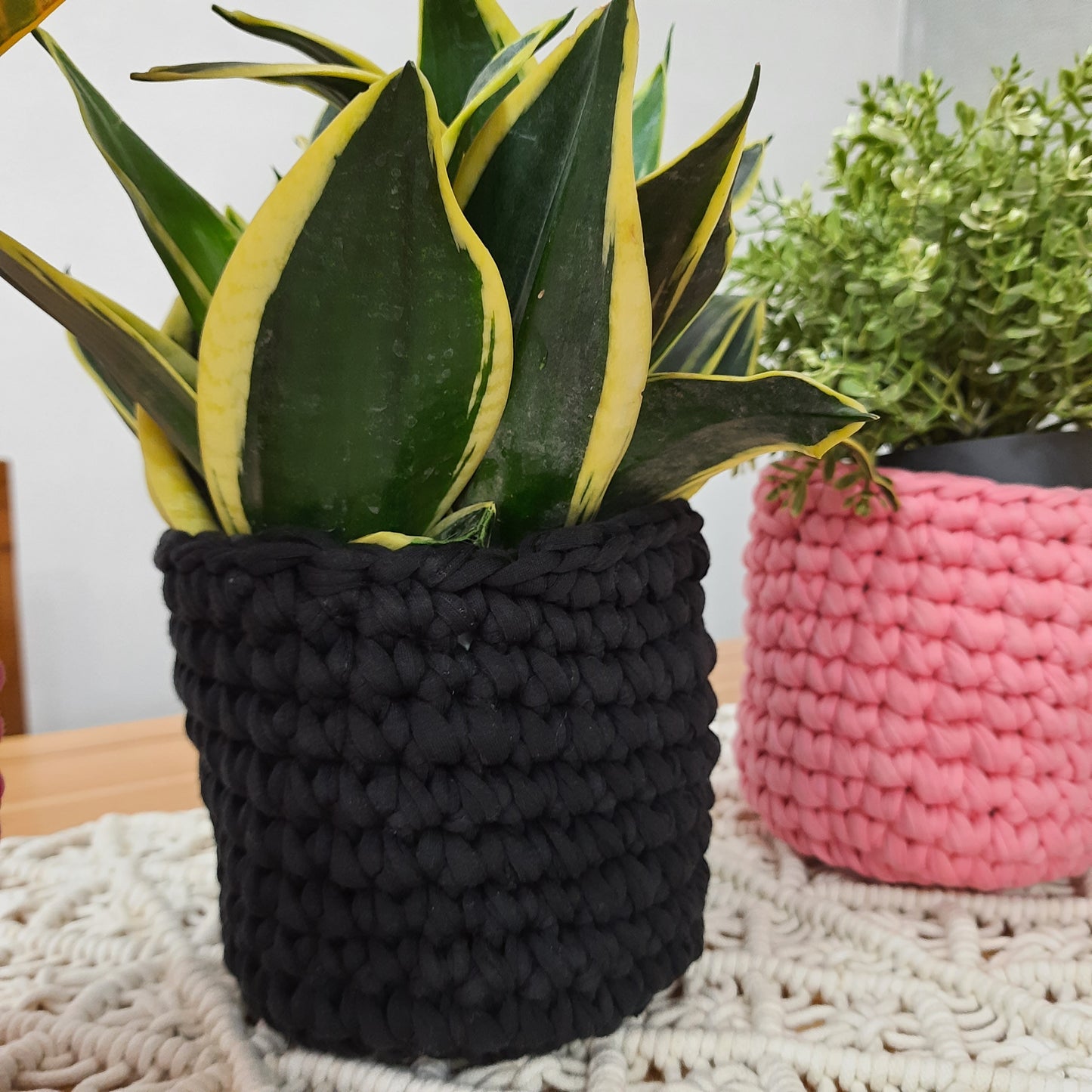 Avioni Home Cotton Hand Crocheted Baskets | Set of 3 Pieces | Deep Rose,Smoky Black & Bashful Pink| Decorative Storage Basket (small) | Knitted Basket | Size: 13 x13cms (~5X5 inch)