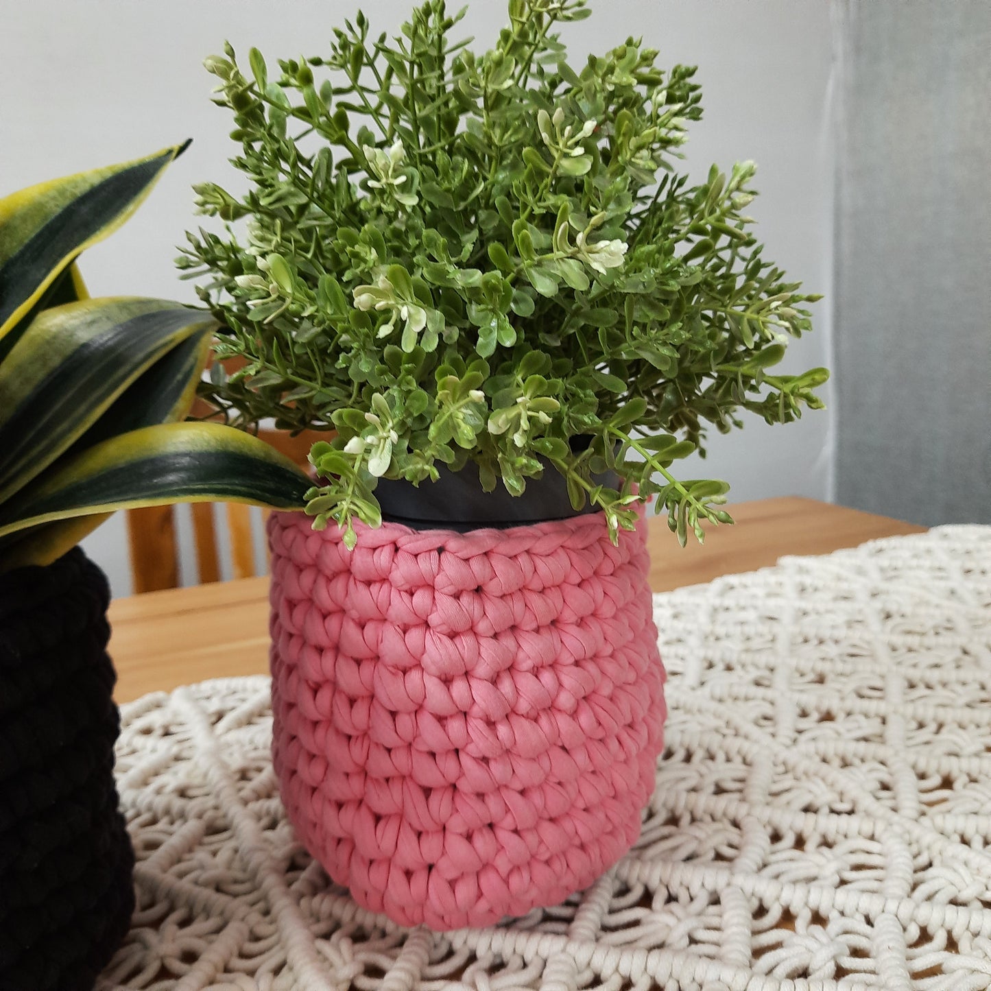 Avioni Home Cotton Hand Crocheted Baskets | Set of 3 Pieces | Deep Rose,Smoky Black & Bashful Pink| Decorative Storage Basket (small) | Knitted Basket | Size: 13 x13cms (~5X5 inch)