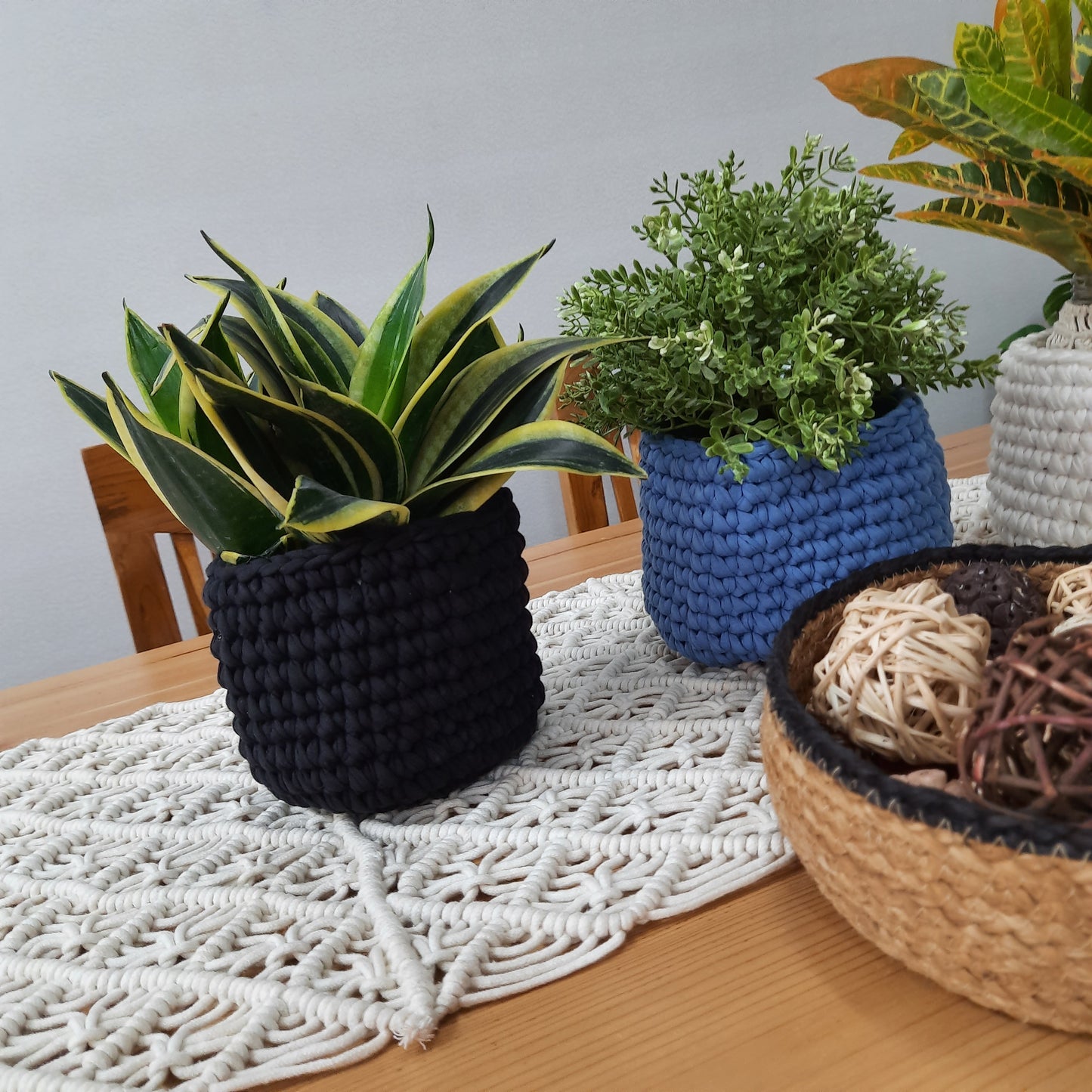 Avioni Home Cotton Hand Crocheted Baskets | Set of 3 Pieces | Black,Blue & White Decorative Storage Basket (small) | Knitted Basket | Size: 13 x13cms (~5X5 inch)