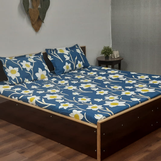Avioni Collection's premium 100% Cotton Elastic Fitted King Size Bedsheet with 2 Pillow Covers | Blue and Yellow Floral