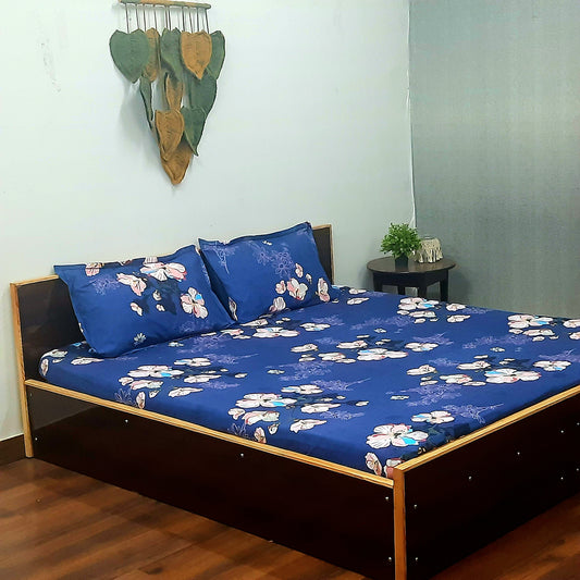 Avioni Home's Creta Premium Heavy Glaze cotton Elastic Fitted King Size Bedsheet with 2 Pillow Covers | Beautiful Blue Floral Design