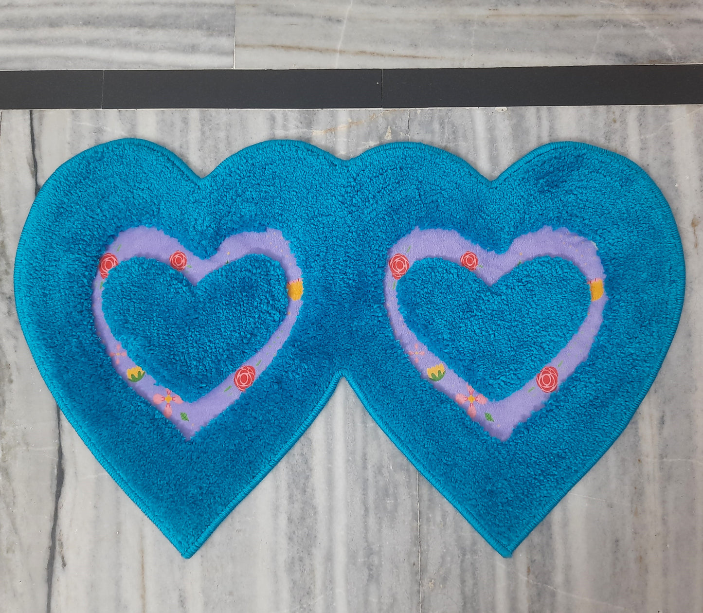 Avioni Home| Twinheart Floormat Collection | Soft Shaggy Dual Heart Shape Floor Mat /Door Mat | Turquoise | Fluffy & 10mm Thick Mat | 45 x 75 CM