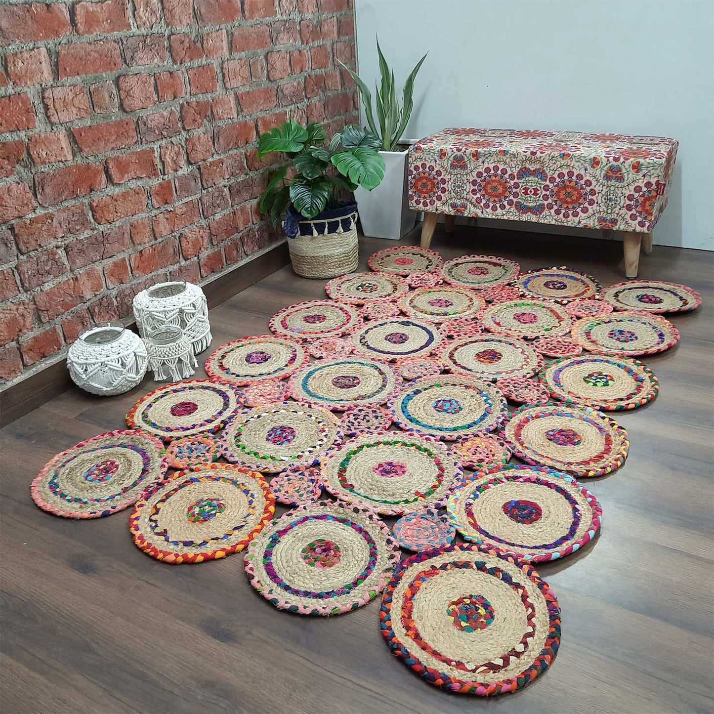 Avioni Premium Boho Collection-Chindi With Jute Rounds -Multicolor With Jute Area Rug/ Carpet – multiple sizes