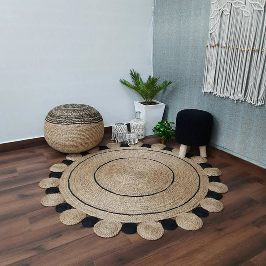 Avioni Natural Jute With Black Border Braided Carpet Eco Friendly-Multicolour Boho Collection-Multiple Sizes