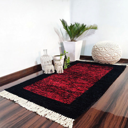 Avioni Faux Silk Carpets for Living Room - Exclusive "Cut Shuttle" Hand loom Piece- Neo Modern Collection Red And Black Carpet/Rug – 90cm x 150cm (~3×5 Feet)