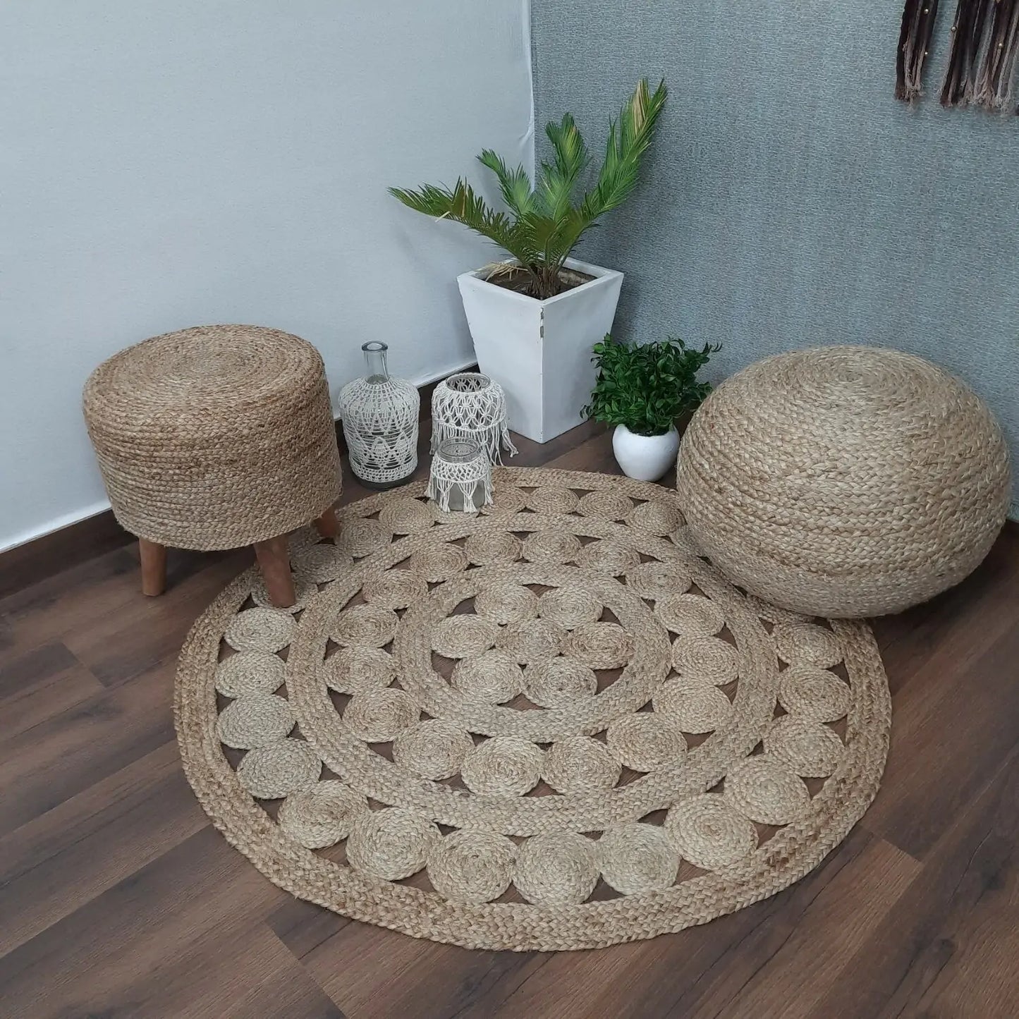 Avioni Natural Jute With Small Circles Braided Carpet Eco Friendly- Boho Collection-Multiple Sizes