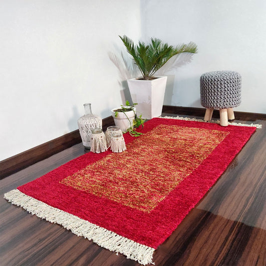 Avioni Faux Silk Carpets for Living Room/Pooja Room - Exclusive "Cut Shuttle" Hand loom Piece-  Neo Modern Collection Red And Gold Carpet/Rug – 90cm x 150cm (~3×5 Feet)