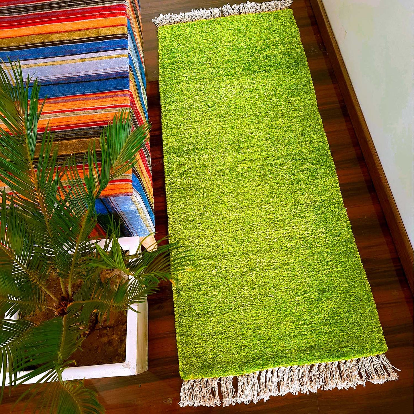 Avioni Bedside/Hallway/Pooja Carpets In Faux Silk Green-(22X55 Inch)-56X140 cms