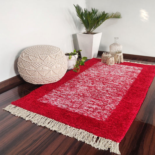 Avioni Faux Silk Carpets for Living Room/Pooja Room - Exclusive "Cut Shuttle" Hand loom Piece-  Neo Modern Collection Red And White Carpet/Rug – 90cm x 150cm (~3×5 Feet)
